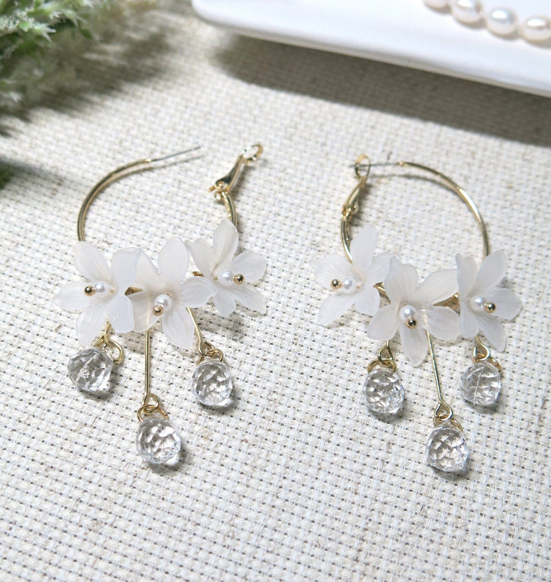 White Flower Charm Hoop Earrings, Wedding Bridal or Bridesmaid Omega Hoops, Wedding Gold Floral Czech Glass Earrings - KaleaBoutique.com