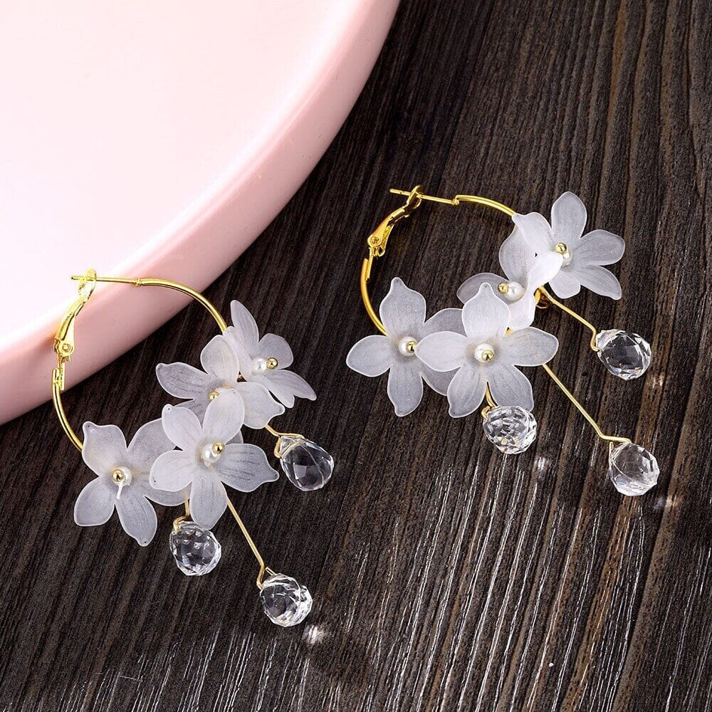 White Flower Charm Hoop Earrings, Wedding Bridal or Bridesmaid Omega Hoops, Wedding Gold Floral Czech Glass Earrings - KaleaBoutique.com