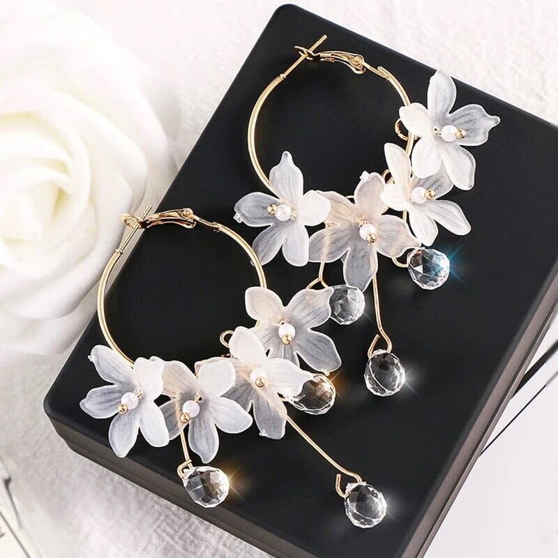 White Flower Charm Hoop Earrings, Wedding Bridal or Bridesmaid Omega Hoops, Wedding Gold Floral Czech Glass Earrings - KaleaBoutique.com