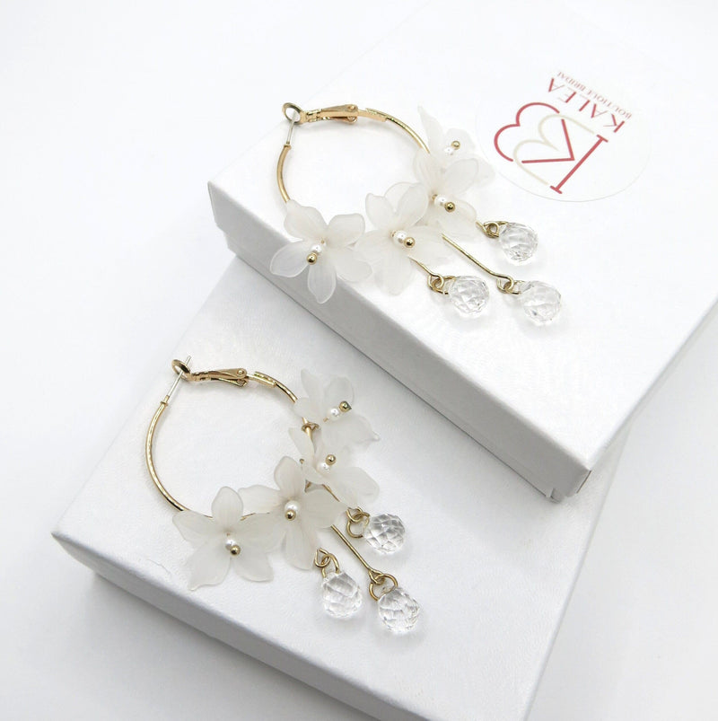 White Flower Charm Hoop Earrings, Wedding Bridal or Bridesmaid Omega Hoops, Wedding Gold Floral Czech Glass Earrings - KaleaBoutique.com