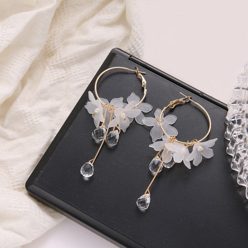 White Flower Charm Hoop Earrings, Wedding Bridal or Bridesmaid Omega Hoops, Wedding Gold Floral Czech Glass Earrings - KaleaBoutique.com