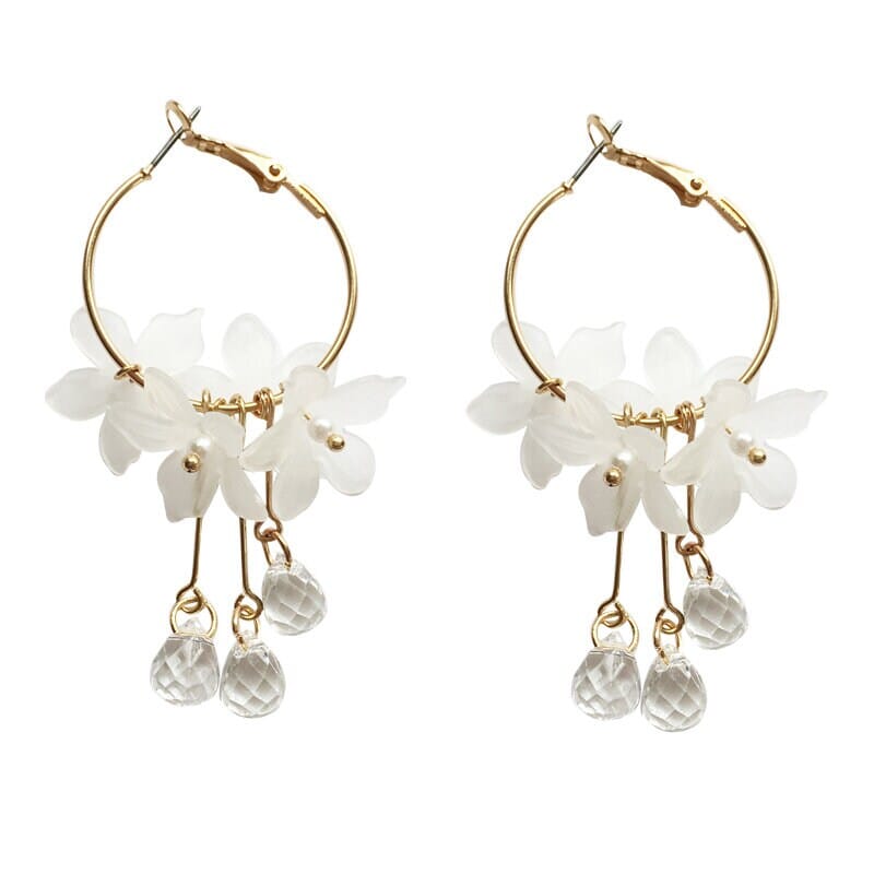 White Flower Charm Hoop Earrings, Wedding Bridal or Bridesmaid Omega Hoops, Wedding Gold Floral Czech Glass Earrings - KaleaBoutique.com