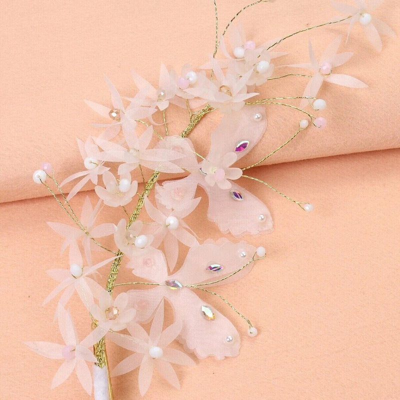 White Flower Girl Chiffon Hair Clip, Butterfly Pearl Hairclip for Wedding, Chiffon Mesh Hairclip Head Wreath - KaleaBoutique.com