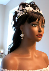 White Flower Girl Chiffon Hair Clip, Butterfly Pearl Hairclip for Wedding, Chiffon Mesh Hairclip Head Wreath - KaleaBoutique.com