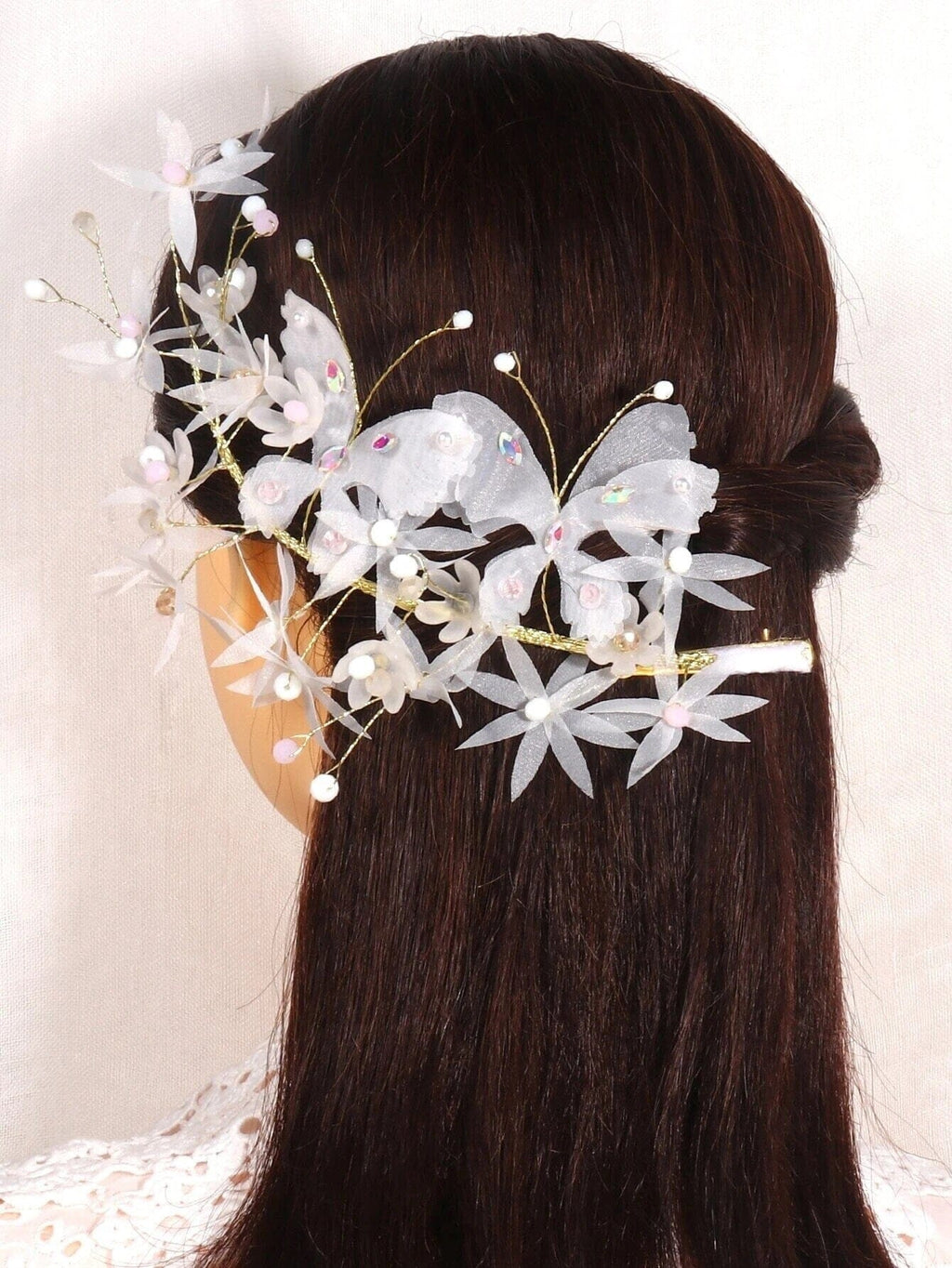 White Flower Girl Chiffon Hair Clip, Butterfly Pearl Hairclip for Wedding, Chiffon Mesh Hairclip Head Wreath - KaleaBoutique.com