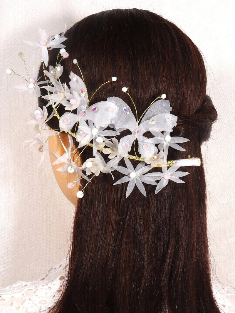 White Flower Girl Headpiece, Butterfly Pearl Hair Clip for Wedding, Chiffon Delicate Mesh Hairclip Headband, Fairy Flower Girl Hair Piece - KaleaBoutique.com