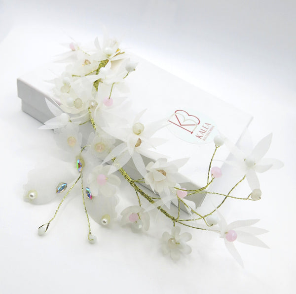 White Flower Girl Chiffon Hair Clip, Butterfly Pearl Hairclip for Wedding, Chiffon Mesh Hairclip Head Wreath - KaleaBoutique.com
