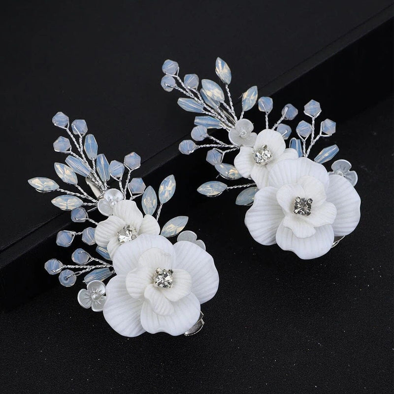 White Flower Opal Leaf Hair Comb, Milky Opal Crystal Bridal Hairpiece, Wedding Floral Hair Comb or Flower Hair Clips - KaleaBoutique.com