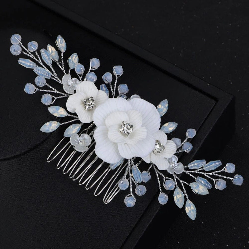 White Flower Opal Leaf Hair Comb, Milky Opal Crystal Bridal Hairpiece, Wedding Floral Hair Comb or Flower Hair Clips - KaleaBoutique.com