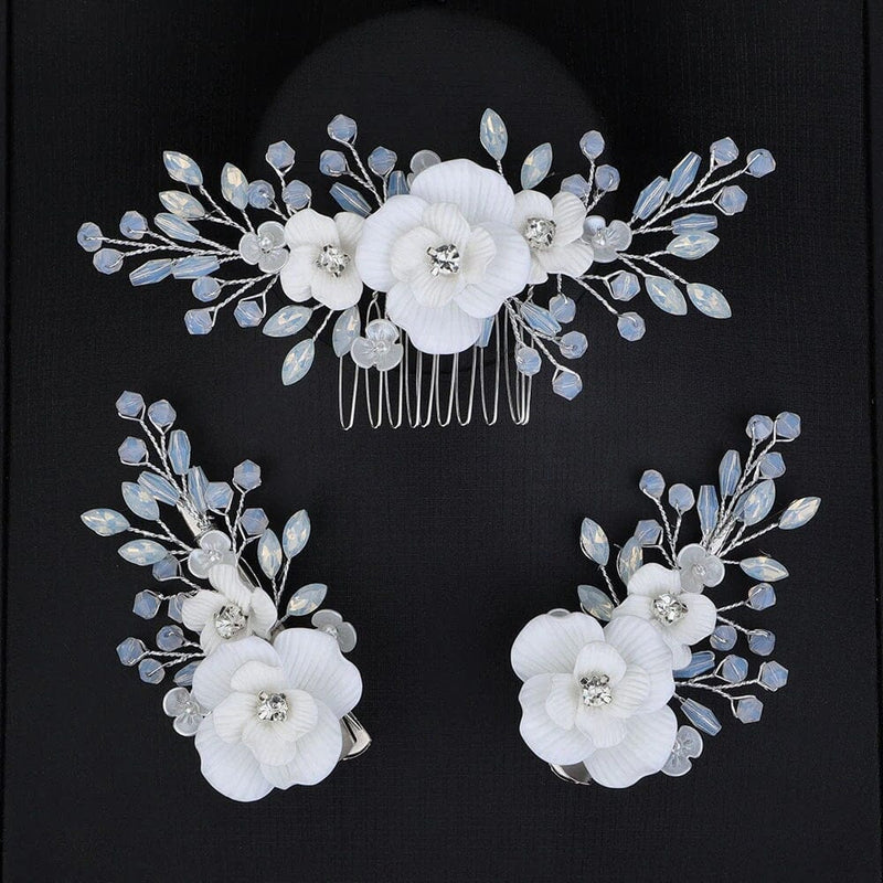 White Flower Opal Leaf Hair Comb, Milky Opal Crystal Bridal Hairpiece, Wedding Floral Hair Comb or Flower Hair Clips - KaleaBoutique.com