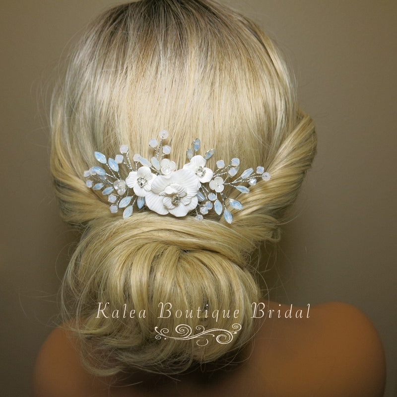 White Flower Opal Leaf Hair Comb, Milky Opal Crystal Bridal Hairpiece, Wedding Floral Hair Comb or Flower Hair Clips - KaleaBoutique.com