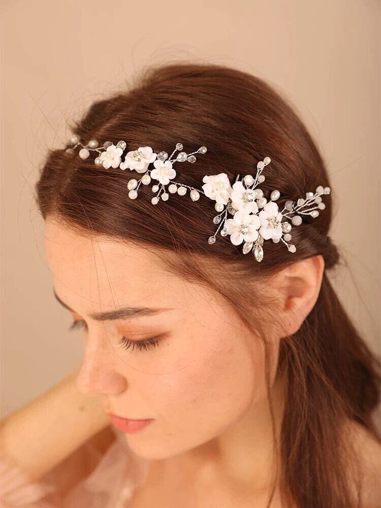 White Flower Hair Vine with Dual Combs, Bridal Pearl Wire Wedding Headband Floral Head Wreath Hair Vine - KaleaBoutique.com