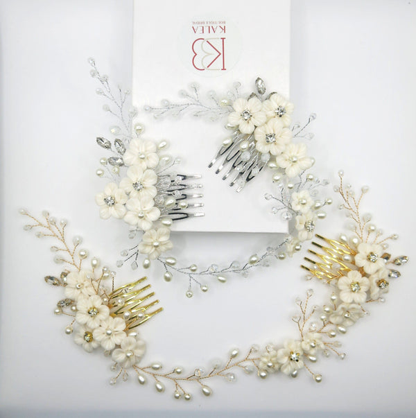 White Flower Hair Vine with Dual Combs, Bridal Pearl Wire Wedding Headband Floral Head Wreath Hair Vine - KaleaBoutique.com