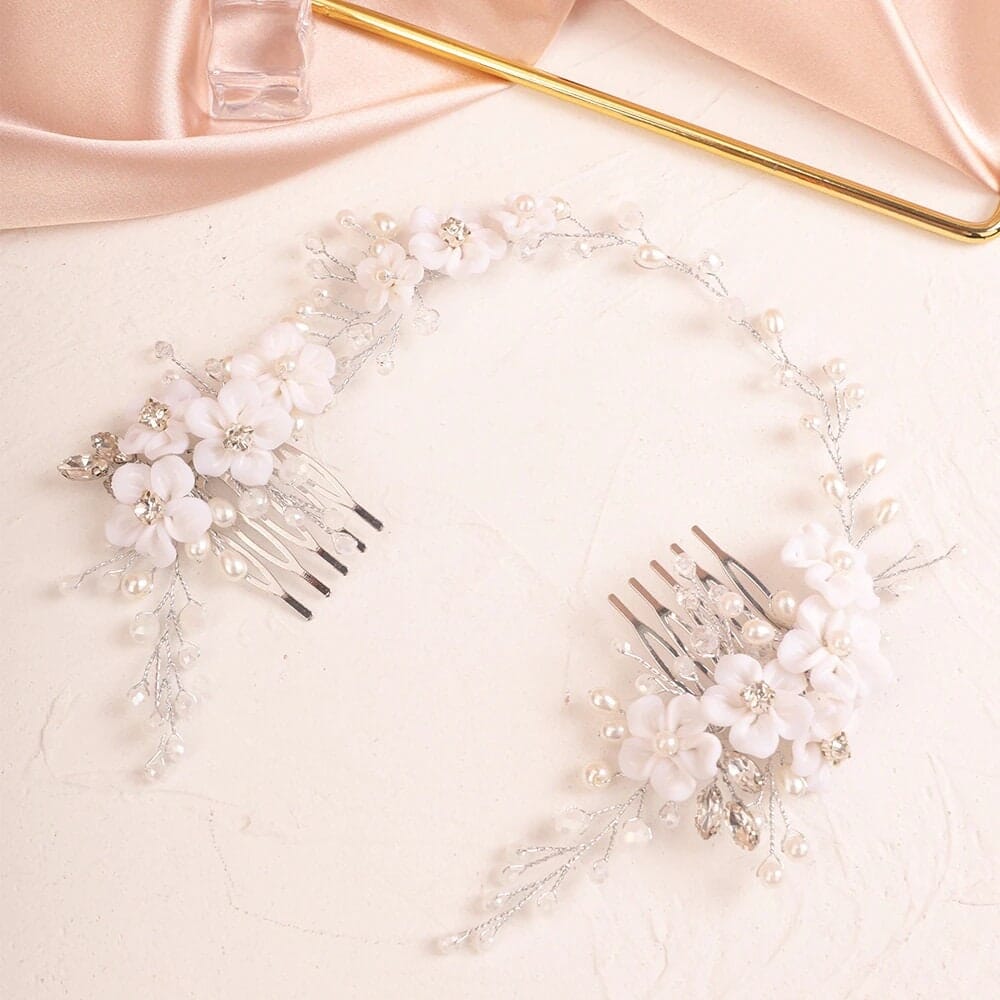 White Flower Hair Vine with Dual Combs, Bridal Pearl Wire Wedding Headband Floral Head Wreath Hair Vine - KaleaBoutique.com