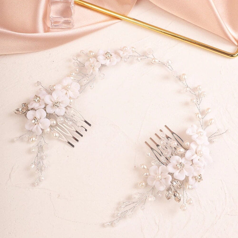 White Flower Hair Vine on Comb, Pearl Crystal Floral Tiara, Bridal Pearl Wire Headband Wedding Floral Hairpiece, Crystal Hair Comb Headpiece - KaleaBoutique.com