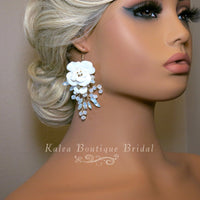 White Flower Large Dangle Earrings, Milky Opal Style Crystal Wedding Earrings, Bridal Big Rose Floral Earrings - KaleaBoutique.com