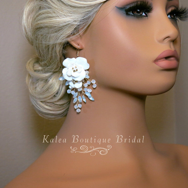White Flower Large Dangle Earrings, Milky Opal Style Crystal Wedding Earrings, Bridal Big Rose Floral Earrings - KaleaBoutique.com