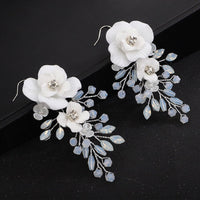 White Flower Large Dangle Earrings, Milky Opal Style Crystal Wedding Earrings, Bridal Big Rose Floral Earrings - KaleaBoutique.com