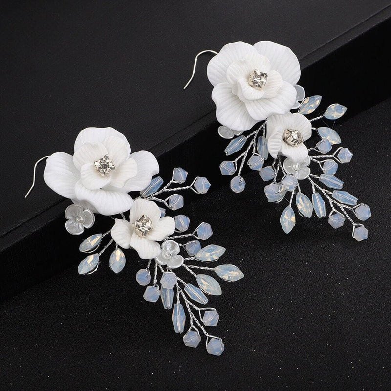 White Flower Large Dangle Earrings, Milky Opal Style Crystal Wedding Earrings, Bridal Big Rose Floral Earrings - KaleaBoutique.com