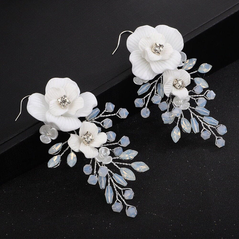 White Flower Large Dangle Earrings, Milky Opal Style Crystal Earrings, Wedding Floral Large Statement Wire Earrings, Bridal Tassel Earrings - KaleaBoutique.com
