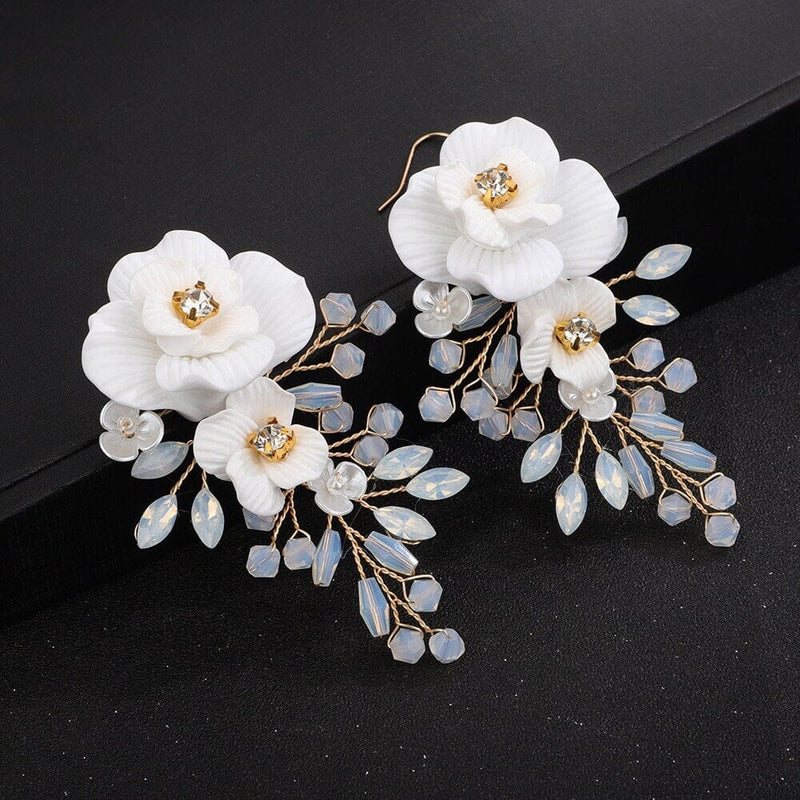 White Flower Large Dangle Earrings, Milky Opal Style Crystal Wedding Earrings, Bridal Big Rose Floral Earrings - KaleaBoutique.com
