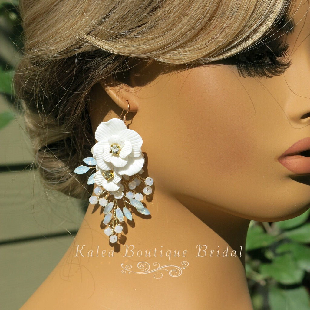 White Flower Large Dangle Earrings, Milky Opal Style Crystal Wedding Earrings, Bridal Big Rose Floral Earrings - KaleaBoutique.com