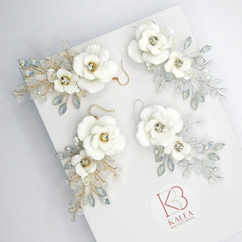White Flower Large Dangle Earrings, Milky Opal Style Crystal Earrings, Wedding Floral Large Statement Wire Earrings, Bridal Tassel Earrings - KaleaBoutique.com