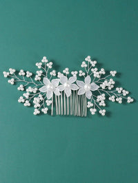 White Flower Pearl Hair Comb, Bridal Silver Wire Hair Comb, Floral Wedding Hairpin Minimalist Headpiece - KaleaBoutique.com