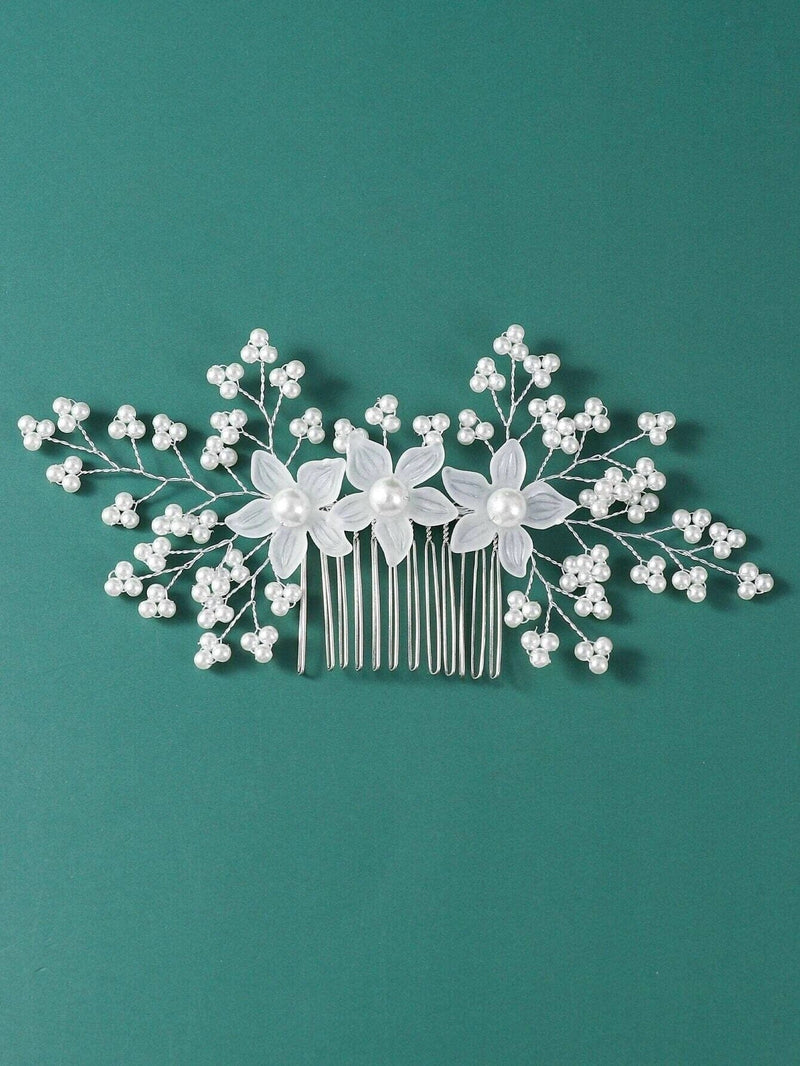 White Flower Pearl Hair Comb, Bridal Silver Wire Hair Comb, Floral Wedding Hairpin Minimalist Headpiece - KaleaBoutique.com