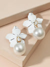 Wedding White Flower Pearl Drop Earrings, Bridal or Bridesmaid Layered Floral Pearl Ear Studs - KaleaBoutique.com