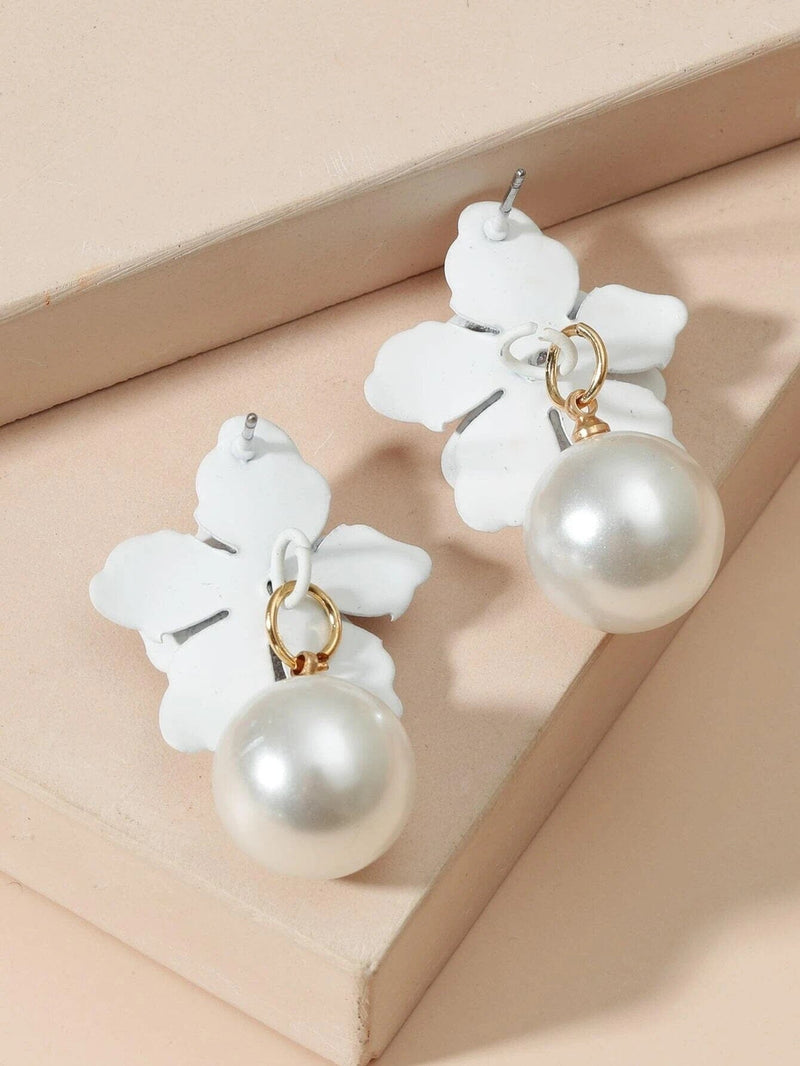 Wedding White Flower Pearl Drop Earrings, Bridal or Bridesmaid Layered Floral Pearl Ear Studs - KaleaBoutique.com