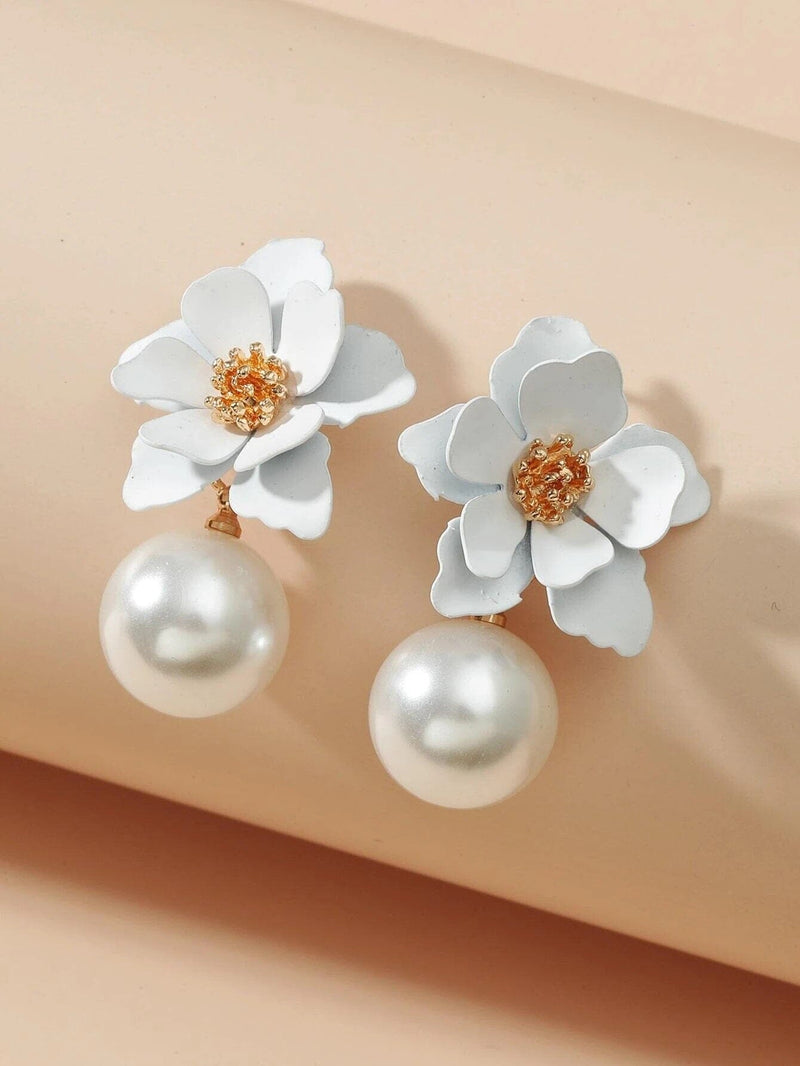 Wedding White Flower Pearl Drop Earrings, Bridal or Bridesmaid Layered Floral Pearl Ear Studs - KaleaBoutique.com
