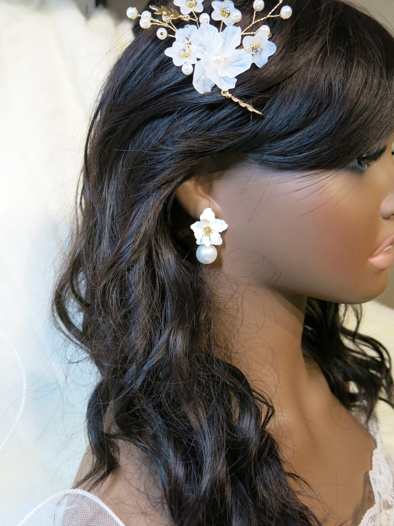 Wedding White Flower Pearl Drop Earrings, Bridal or Bridesmaid Layered Floral Pearl Ear Studs - KaleaBoutique.com