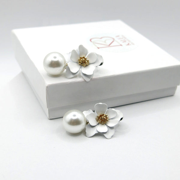 Wedding White Flower Pearl Drop Earrings, Bridal or Bridesmaid Layered Floral Pearl Ear Studs - KaleaBoutique.com