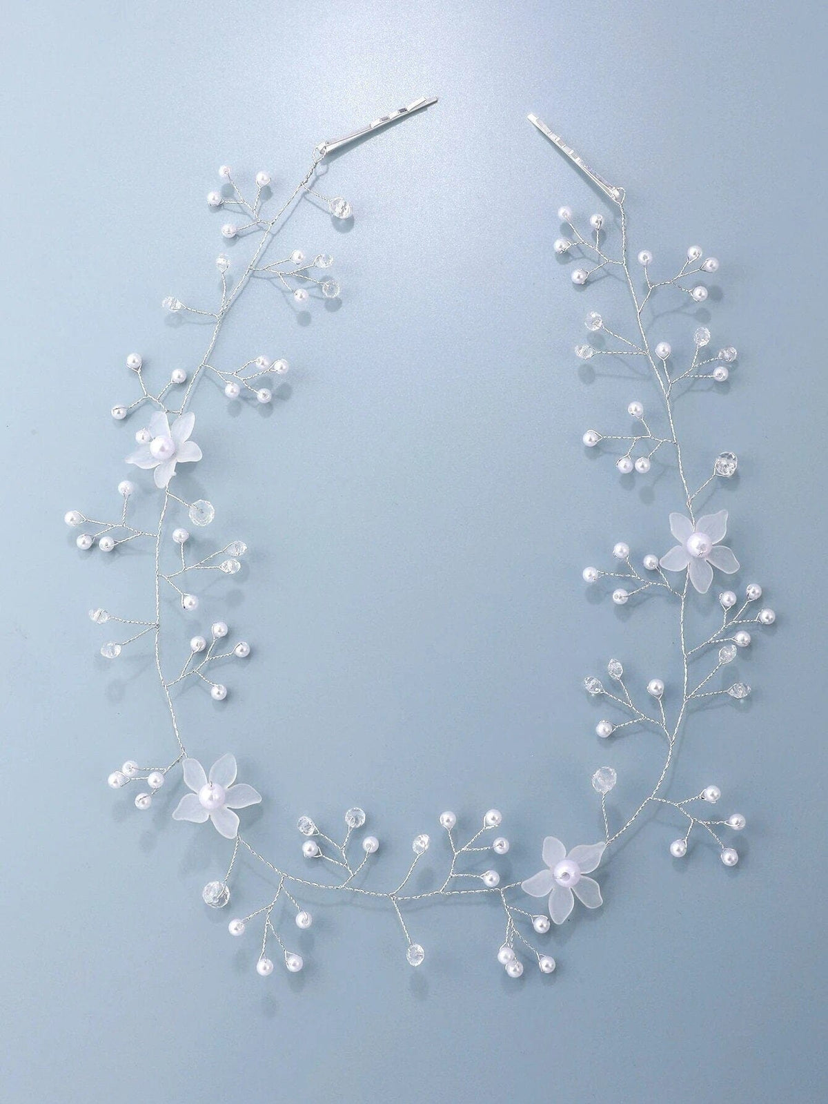 White Flower Pearl Hair Vine, Bridal Floral Wire Hairpiece, Wedding Silver Wire Headband Head Wreath - KaleaBoutique.com