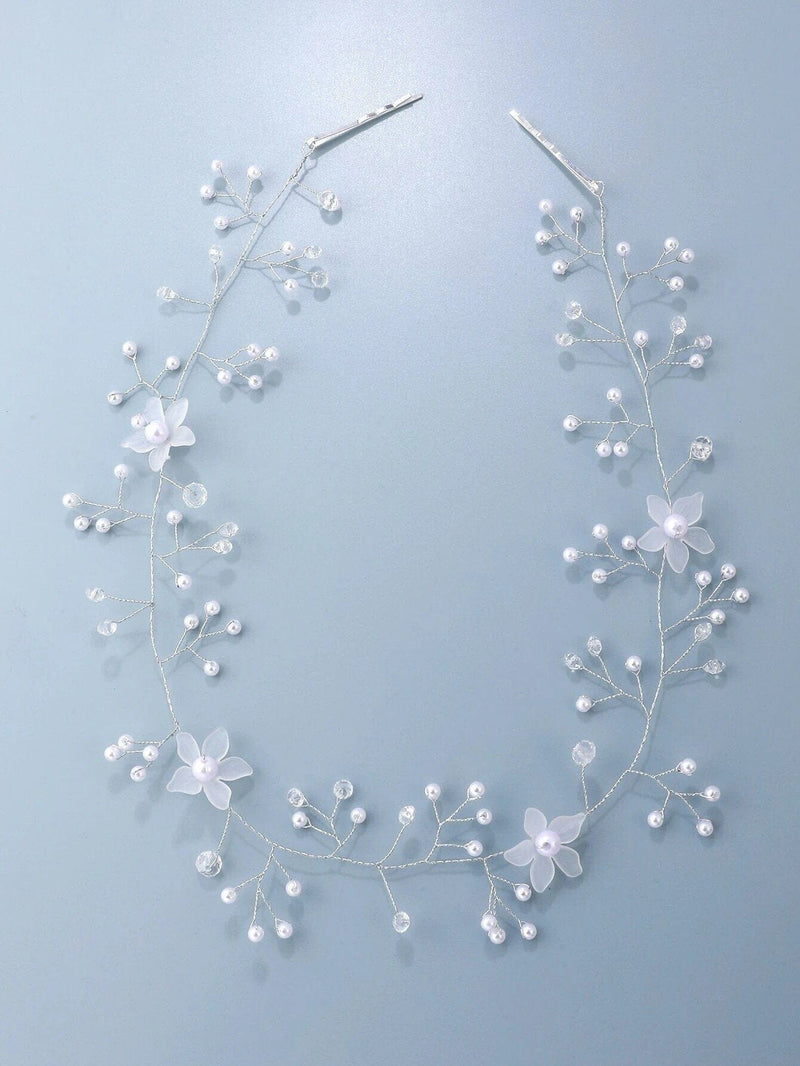 White Flower Pearl Hair Vine, Bridal Floral Wire Hairpiece, Wedding Silver Wire Headband Head Wreath - KaleaBoutique.com