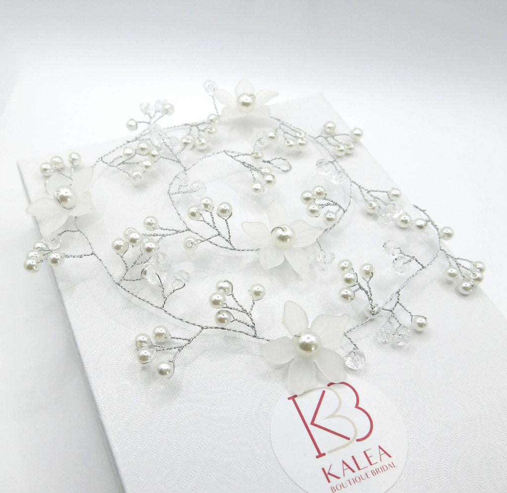 White Flower Pearl Hair Vine, Bridal Floral Wire Hairpiece, Wedding Silver Wire Headband Head Wreath - KaleaBoutique.com