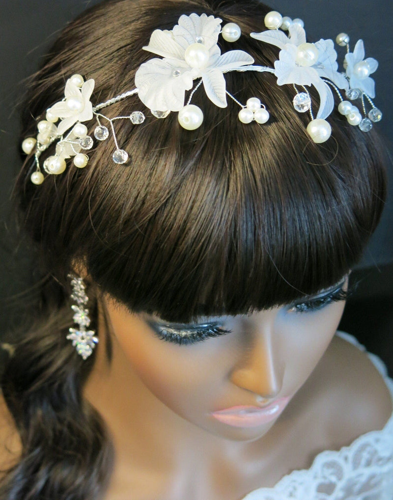 White Flower Pearl Wire Headband, Bridal Floral Head Wreath, Wedding Pearl Wire Tiara Headpiece, Floral Bridal Head Wreath Hairpiece - KaleaBoutique.com