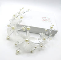 White Flower Pearl Wire Headband, Bridal Floral Head Wreath Tiara, Wedding Flower Girl White Headpiece - KaleaBoutique.com