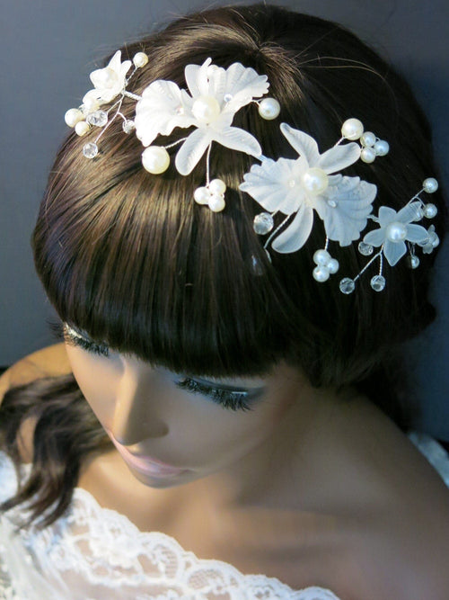 White Flower Pearl Wire Headband, Bridal Floral Head Wreath Tiara, Wedding Flower Girl White Headpiece - KaleaBoutique.com