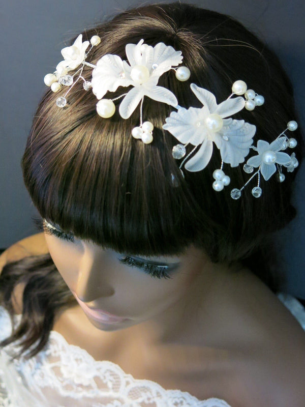 White Flower Pearl Wire Headband, Bridal Floral Head Wreath Tiara, Wedding Flower Girl White Headpiece - KaleaBoutique.com