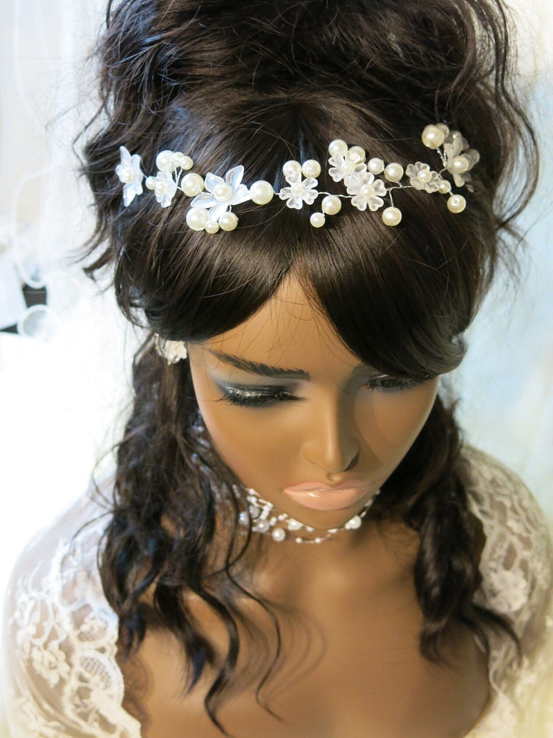 White Flower Pearl Wire Headband, Wedding Silver Wire Headband, Bridal Floral Tiara Head Wreath - KaleaBoutique.com