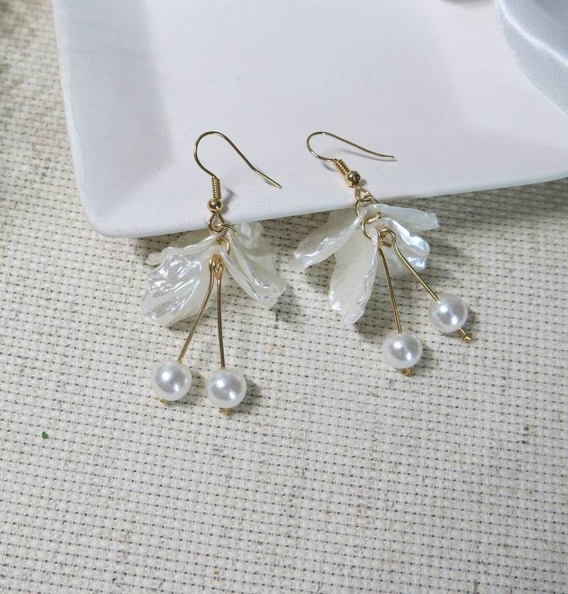 White Flower Petal Earrings, Wedding Pearl Dangle Tassel Earrings, Bridal or Bridesmaid Floral Pearl Earrings - KaleaBoutique.com