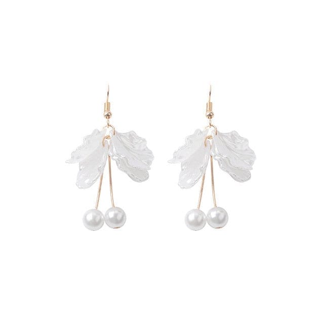 White Flower Petal Earrings, Wedding Pearl Dangle Tassel Earrings, Bridal or Bridesmaid Floral Pearl Earrings - KaleaBoutique.com