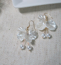 White Flower Petal Earrings, Wedding Pearl Dangle Tassel Earrings, Bridal or Bridesmaid Floral Pearl Earrings - KaleaBoutique.com