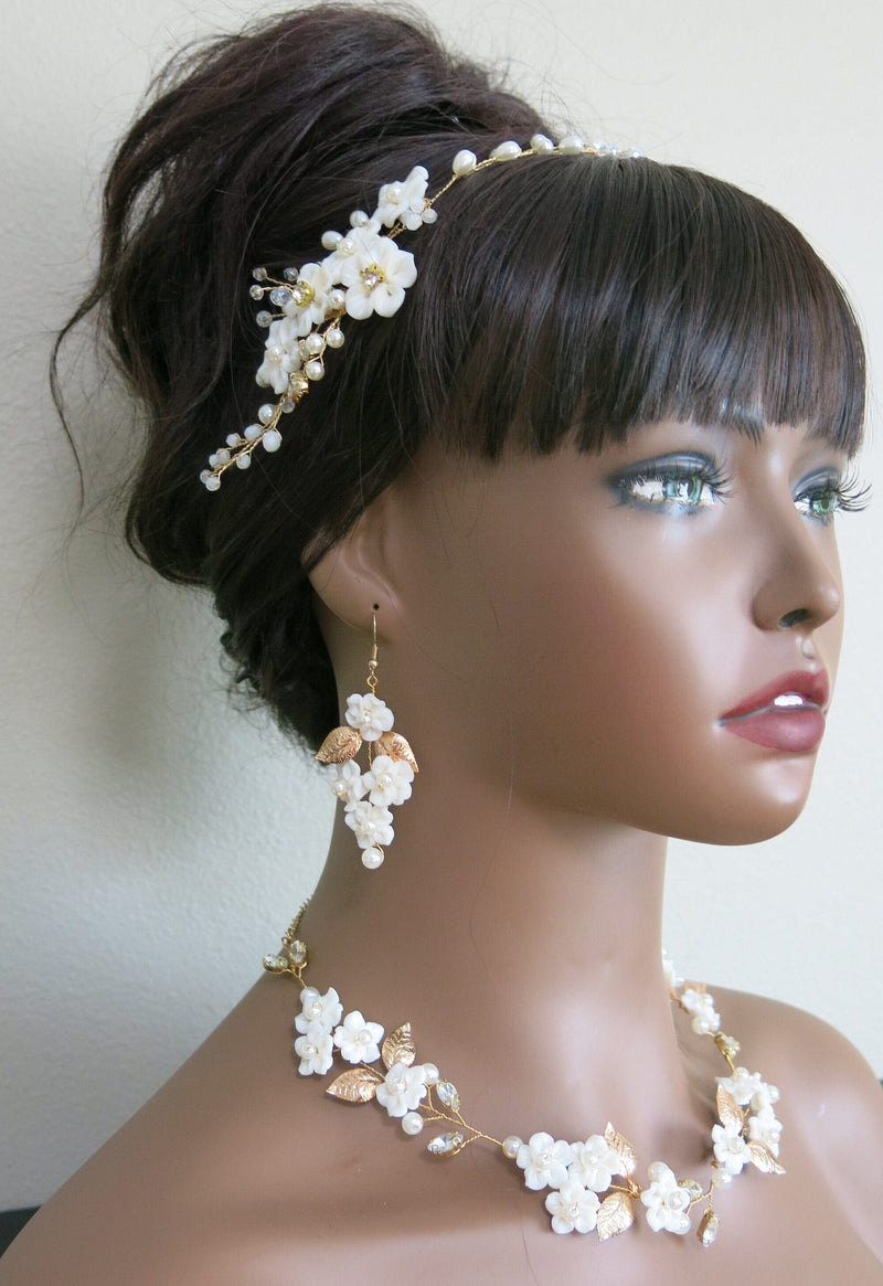 White Flower Wedding 3 PC Jewelry Set, Porcelain Flower Necklace and Earrings, or Floral Wire Bracelet or Headband - KaleaBoutique.com