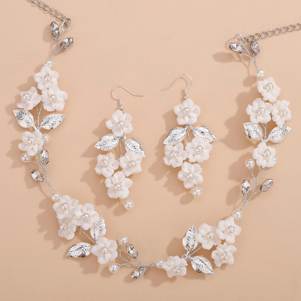 White Flower Wedding 3 PC Jewelry Set, Porcelain Flower Necklace and Earrings, or Floral Wire Bracelet or Headband - KaleaBoutique.com