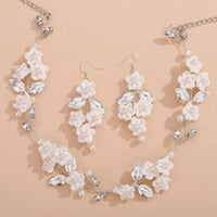 White Flower Wedding 3 PC Jewelry Set, Porcelain Flower Necklace and Earrings, or Floral Wire Bracelet or Headband - KaleaBoutique.com
