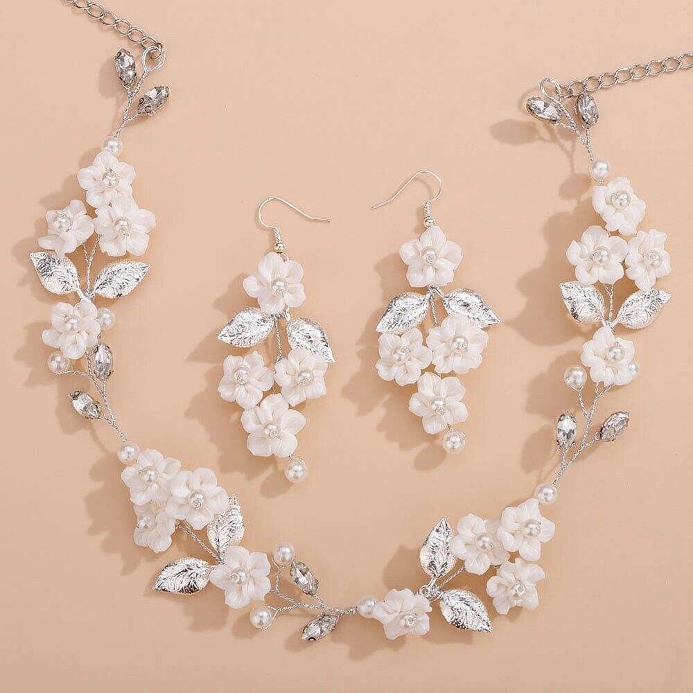 White Flower Wire Necklace Wedding 3 PC Jewelry Set, Porcelain Flower Necklace and Earrings, Bridal Floral Necklace, Floral Vine Jewelry - KaleaBoutique.com