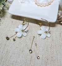 White Flower Dangle Crystal Charm Hoop Earrings, Omega Latch Back Gold Hoop Earrings with Removable Dangles - KaleaBoutique.com